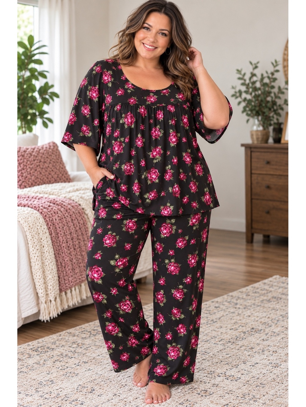 1190 NWOT Unbranded 5X Black Hot Pink Floral Print Pajama Set 2 Pc. A0001190